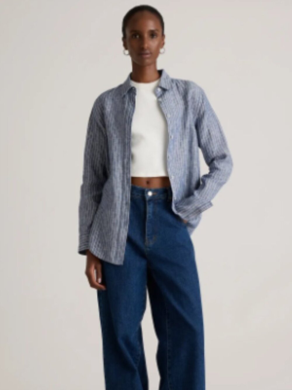 Quince 100% European Linen Long Sleeve Shirt Chambray Stripe - Small